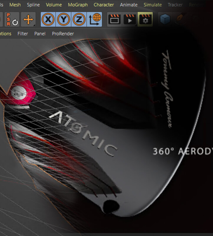 Product visualization image: a split screen between a wireframe and full render of a golf club